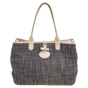 Longchamp Off White/Navy Blue Fabric And Leather Roseau Tote