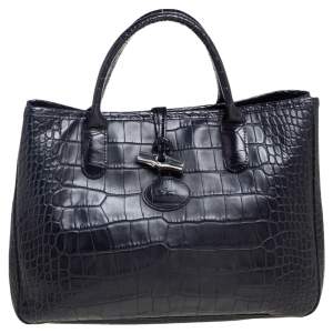 Longchamp Black Croc Embossed Leather Roseau Tote