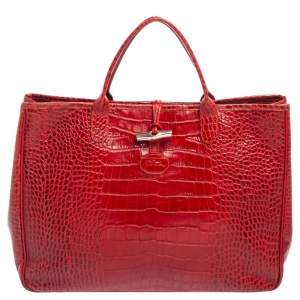 Longchamp Red Croc Embossed Leather Roseau Tote