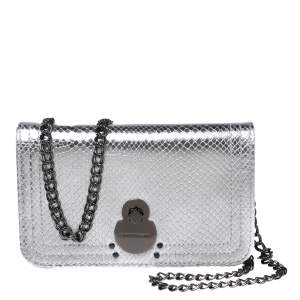 Longchamp Silver Snakeskin Embossed Leather Cavalcade Wallet on Chain