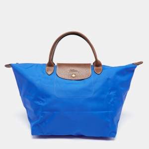 Longchamp Blue/Brown Nylon and Leather Le Pliage Tote
