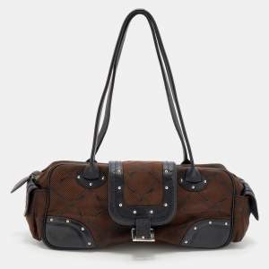 Longchamp Brown Fabric and Leather Logo Print Boston Bag