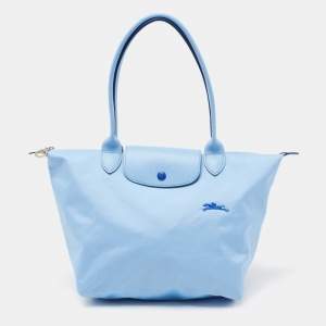 Longchamp Light Blue Leather and Nylon Le Pliage Tote
