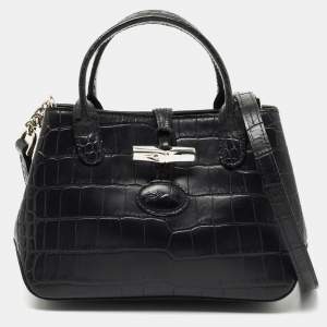 Longchamp Black Croc Embossed Leather Tote