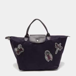 Longchamp Purple Embroidered Patches Nylon and Leather Le Pliage Tote