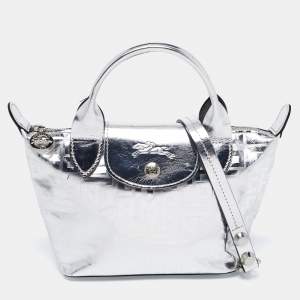 Longchamp Silver Monogram Embossed Leather XS Le Pliage Tote