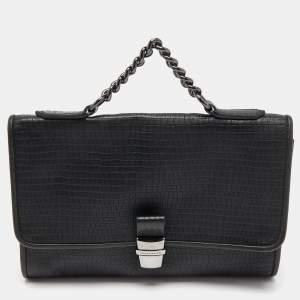 Longchamp Black Embossed Leather Chain Top Handle Bag