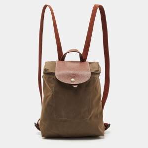 Longchamp Olive Green/Brown Nylon and Leather Le Pliage Backpack