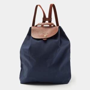 Longchamp Navy Blue/Brown Nylon and Leather Le Pliage Drawstring Backpack