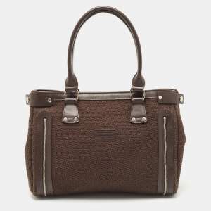 Longchamp Dark Brown Woven Fabric and Leather Zip Detail Expandable Tote