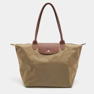 Longchamp Beige/Brown Nylon and Leather Large Le Pliage Tote