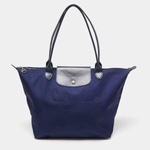 Longchamp Dark Blue Nylon and Leather Medium Le Pliage Tote