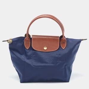 Longchamp Navy Blue/Brown Nylon and Leather Small Le Pliage Tote