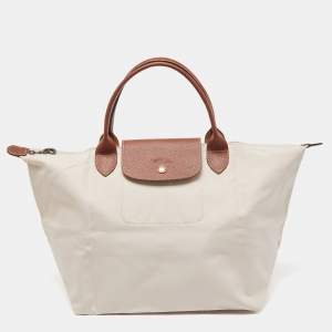 Longchamp Cream/Brown Nylon and Leather Le Pliage Tote