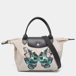 Longchamp Grey/Black Nylon and Leather Butterfly Le Pliage Tote