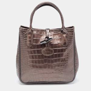 Longchamp Brown Glaze Croc Embossed Leather Roseau Tote