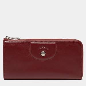 Longchamp Dark Red Cuir Leather Le Pliage Zip Around Wallet