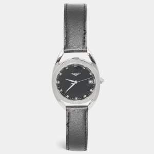 Longines Black Diamond Stainless Steel Leather Equestrian L6.138.4.57.0 Women's Wristwatch 34 mm