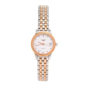Longines White Two-Tone Stainless Steel Diamonds Flagship L4.274.3.99.7 Women's Wristwatch 26 mm