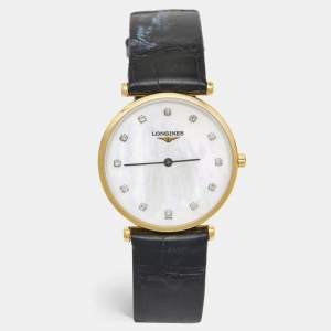 Longines Mother of Pearl Diamonds Gold Plated Stainless Steel Alligator La Grande Classique L4.512.2.87.2 Women's Wristwatch 29 mm