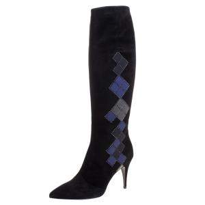 Loriblu Black Abstract Embellished Suede Knee High Boots Size 41