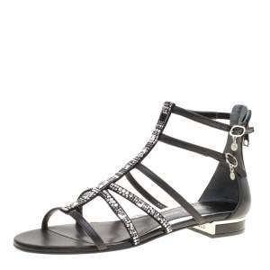 Loriblu Black Leather Crystal Embellished Gladiator Flat Sandals Size 38