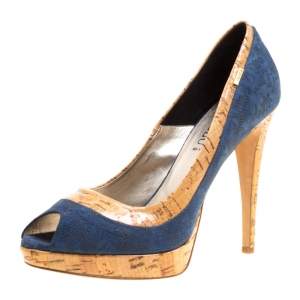 Loriblu Blue/Beige Suede and Cork Print Patent Leather Peep Toe Platform Pumps Size 40