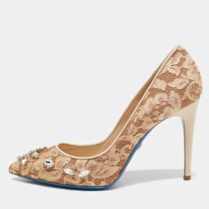 Loriblu Beige Lace Crystal Embellished Pumps Size 40
