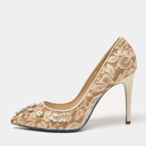 Loriblu Beige Lace and Mesh Crystal Embellished Pointed Toe Pumps Size 38.5