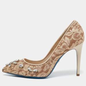 Loriblu Beige Lace Crystals Embellished Pointed Toe Pumps Size 38.5