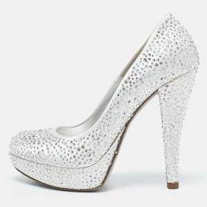 Loriblu Silver Satin Crystal Embellished Platform Pumps Size 36.5