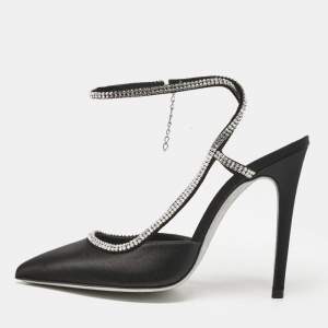 Loriblu Black Satin Crystals Embellished Ankle Strap Pumps Size 37