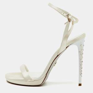 Pre Owned Loriblu White Satin Crystal Embellished Heel Ankle Strap Sandals Size 38
