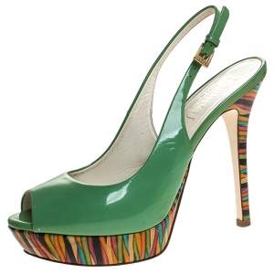 Loriblu Green Patent Leather Peep Toe Platform Slingback Sandals Size 38