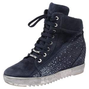 Loriblu Blue Crystal Embellished Suede and Python Embossed Leather High Top Sneakers Size 38.5