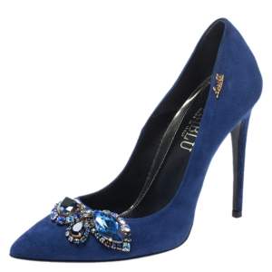 Loriblu Blue Crystal Embellished Suede Pointed Toe Pumps Size 38.5