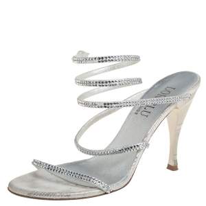 Loriblu Silver Leather Crystal Embellished Slingback Sandals Size 38