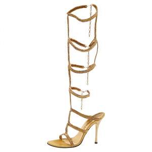 Loriblu Gold Tone Metal Crystal Embellished Strappy Gladiator Knee Length Sandals Size 39