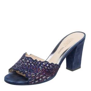 Loriblu Navy Blue Suede Embellished Slide Sandals Size 38.5