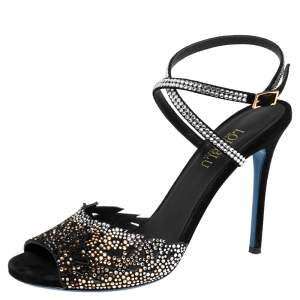 Loriblu Black Suede Crystal Embellished Ankle Strap Sandals Size 38