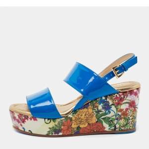 مملوكة مسبقًا Loriblu Blue Patent Leather Floral Printed Wedge Platform Slingback Sandals Size 36
