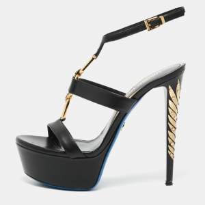 مملوكة مسبقًا Loriblu Black Leather Chain T-Strap Platform Sandals Size 38.5