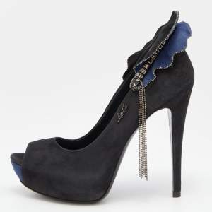 Loriblu Black/Blue Suede Embellished Peep Toe Pumps Size 37