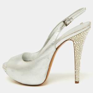 Loriblu Metallic Silver Leather Crystal Embellished Slingback Platform Pumps Size 39.5