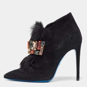 Loriblu Black Suede and Fur Crystal Embellished Ankle Booties Size 38