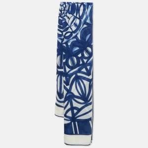 Loro Piana White/Blue Print Cashmere and Silk Maxi Carre Scarf
