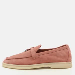 Pre Owned Loro Piana Pink Suede Summer Charms Walk Slip On Loafers Size 38
