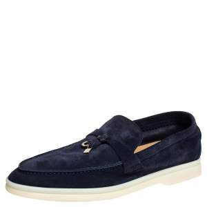 Pre Owned Loro Piana Navy Blue Suede Slip On Loafers Size 37.5