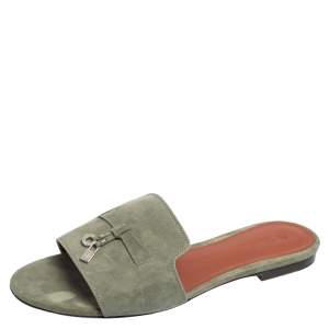 Loro Piana Green Suede Summer Charms Flat Slides Size 40