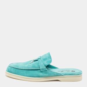 Pre Owned Loro Piana Torquise Blue Suede Babouche Charms Mules Size 39